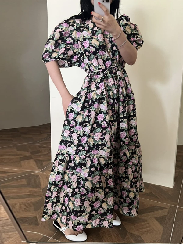 Summer Ele Floral Print Dr Bubble Sve V-Ne Loose Waist Sle Women's Faion Sweet  Dr Tea Break Skirt