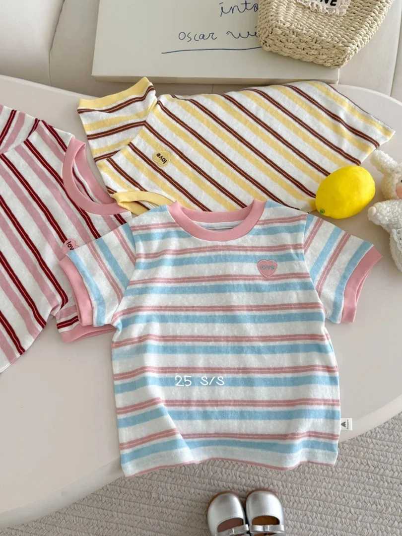 Cseta de manga corta de verano para niñas, csa básica de media manga a rayas bordadas, Top de seda versátil y e,...