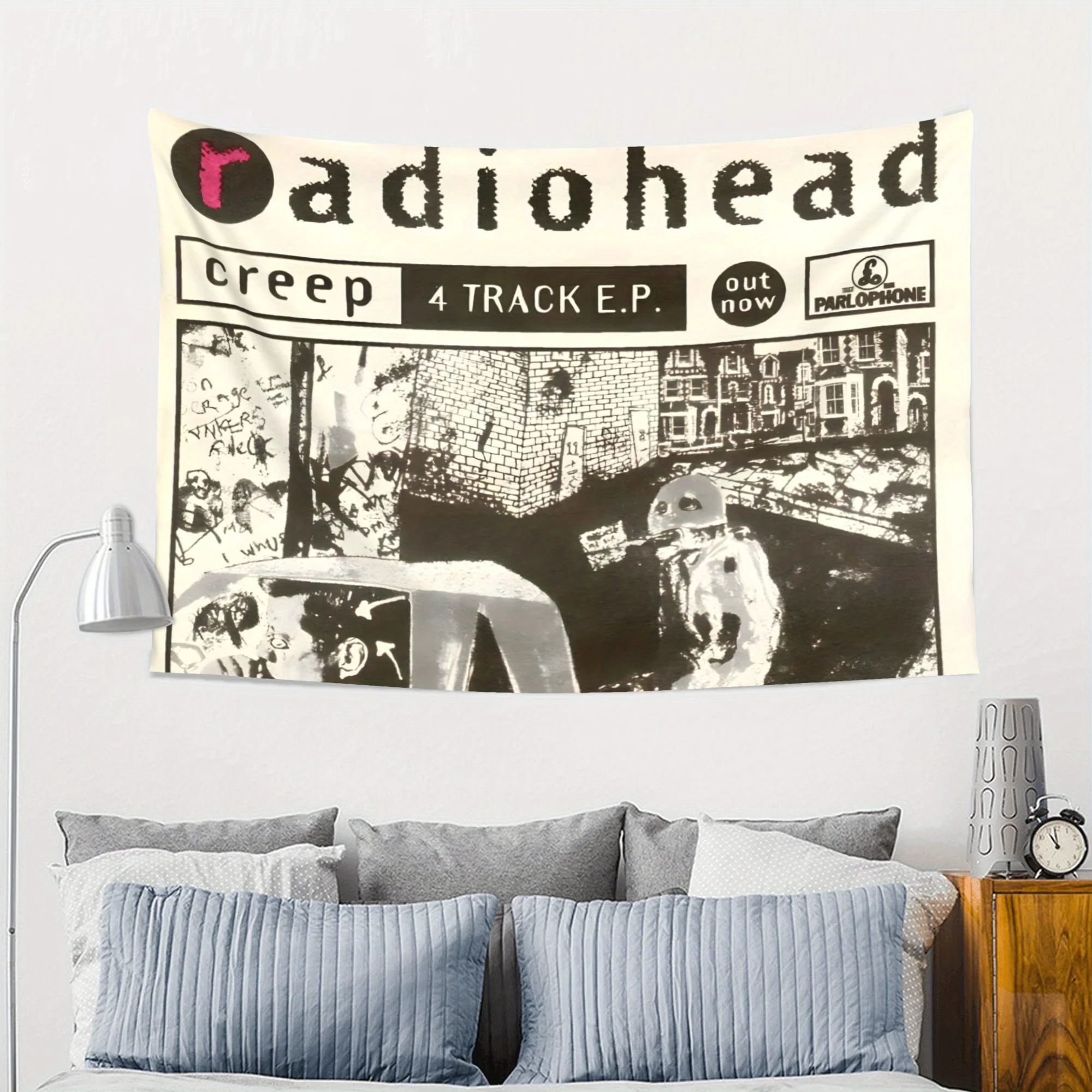 Radiohead Creep 4 Track EP Vintage Album Cover Tapestry, Retro Rock Band Black White Poster Wall Hanging, Polyester Fabric Wall