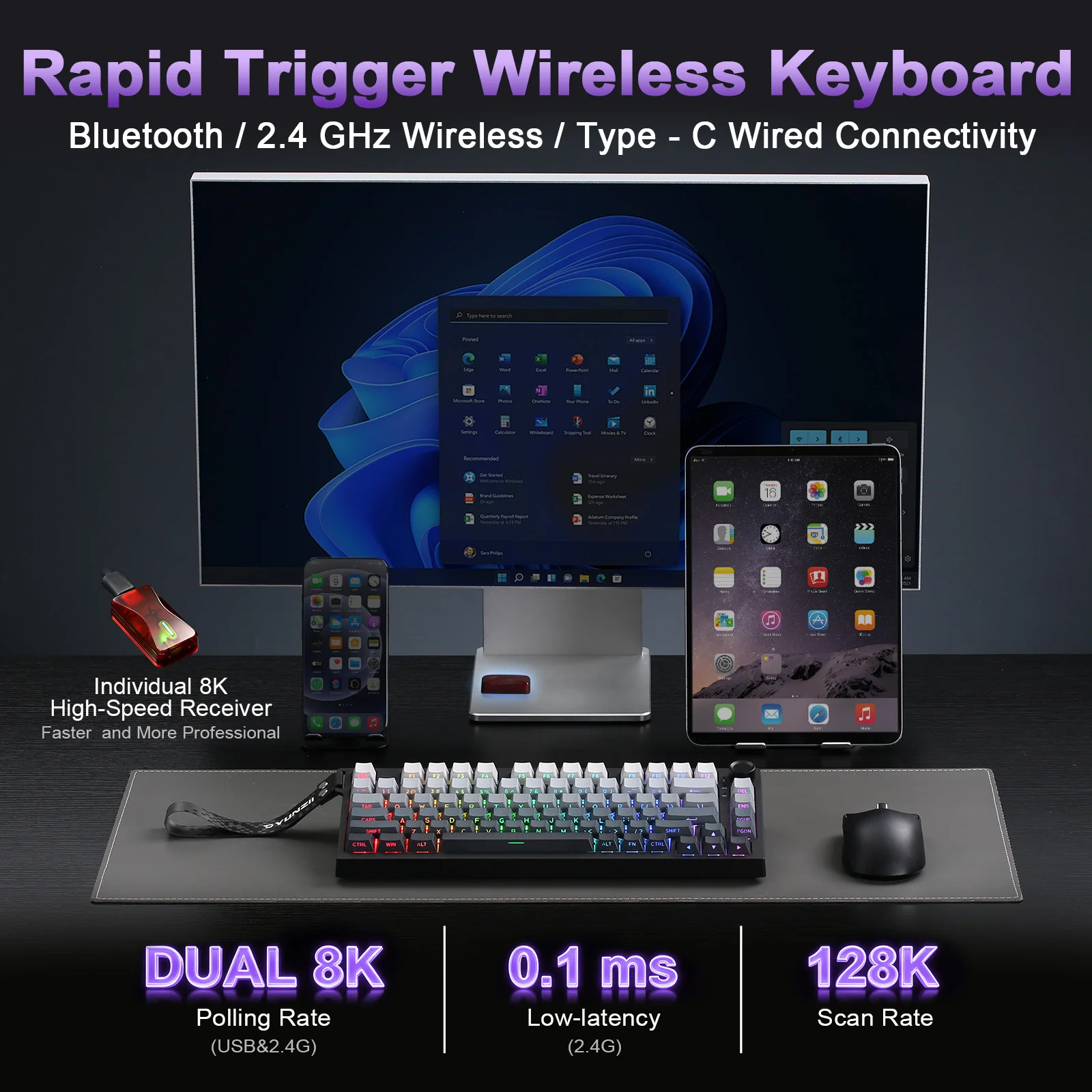 YUNZII RT75 PRO 듀얼 8K 무선 게이밍 키보드, 빠른 트리거 기계식 홀 효과 자기 키보드, RGB 커스텀 SOCD/DKS
