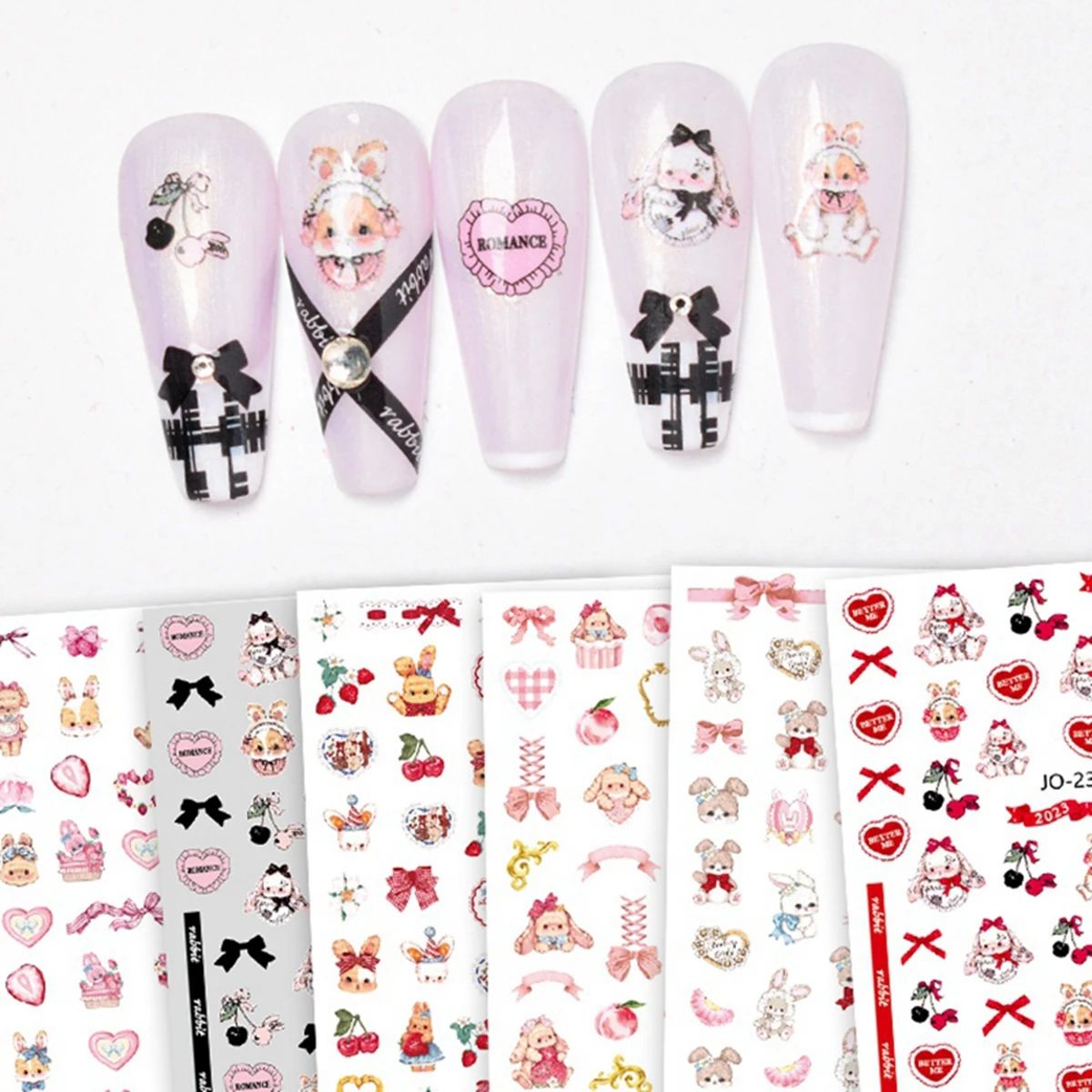 Valentine's Theme Stickers For Nails Cute Rabbit Bow Heart Design Nail Art Decoration Decals