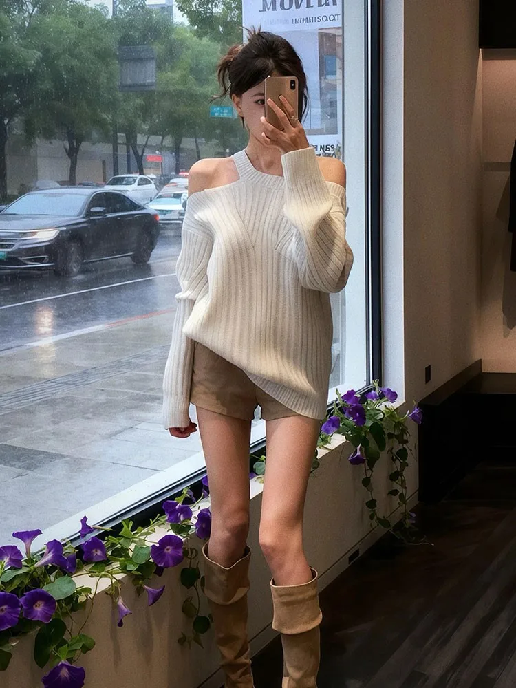 

Ele Белый вязаный свитер с открытыми плечами, ожерелье, женский комплект ранней осени Lazy Sle, длинное волокно из полиэстера, све, стандартный крой