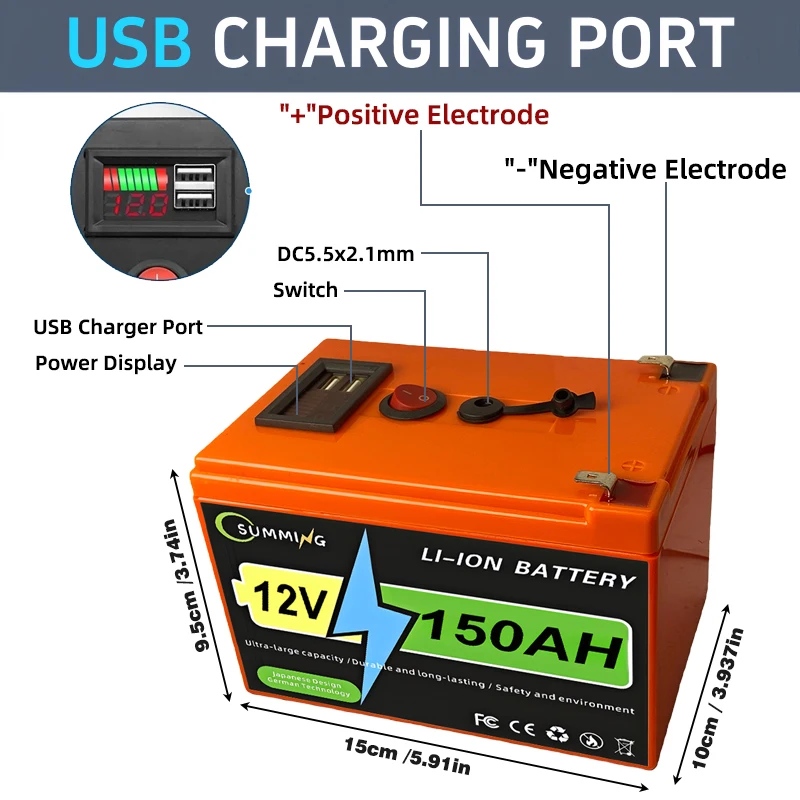 12V Lithium Battery Pack 120Ah 150Ah LiFePO4 with BMS USB QC 4000+ Cycle for Boat RV EV - 100Ah 160Ah Options Available