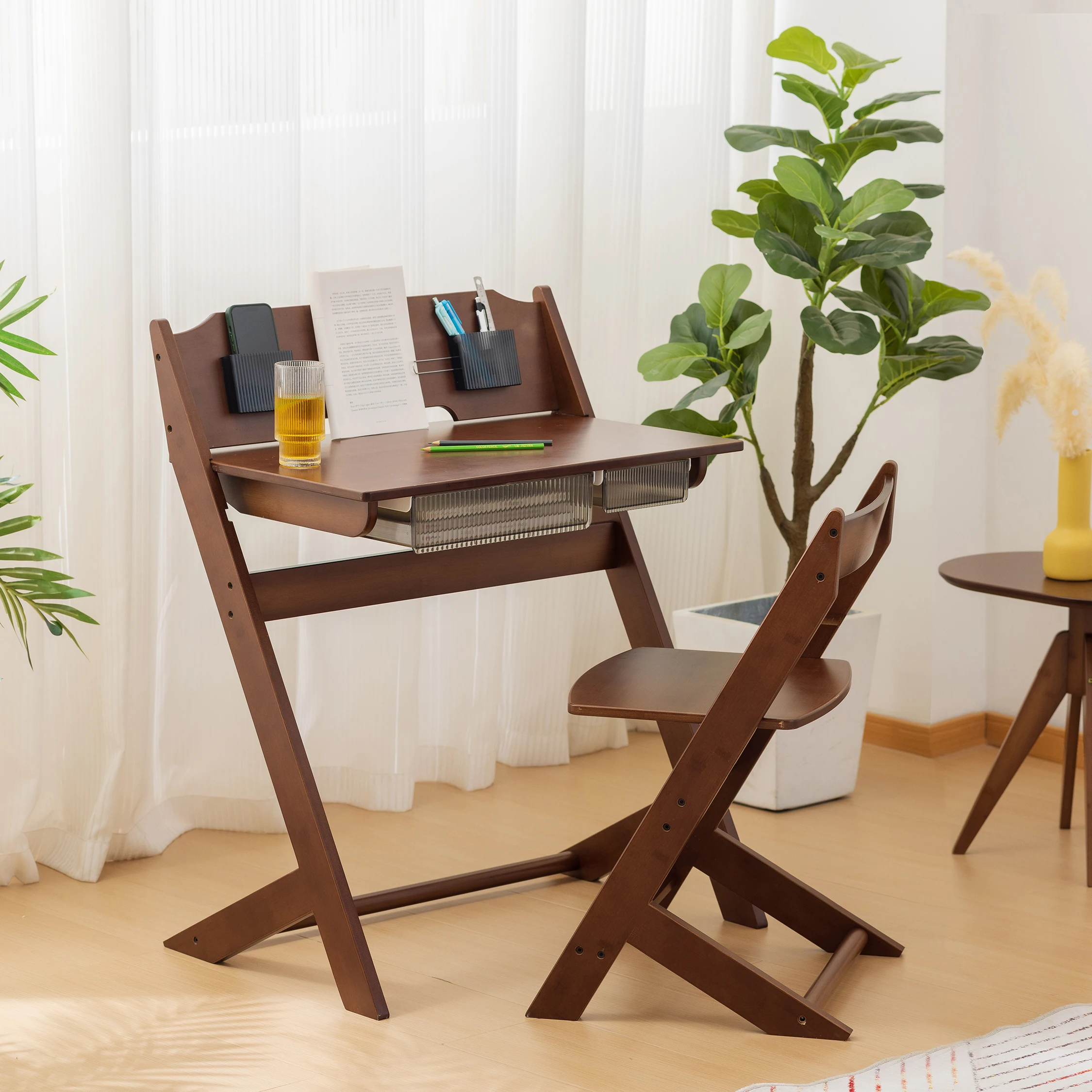 Bamboo Adjustable Height Kids Desk and Chair Set ,Homework Drawing Table Laptop Table Study Desk Writing Table w/Storage Drawer