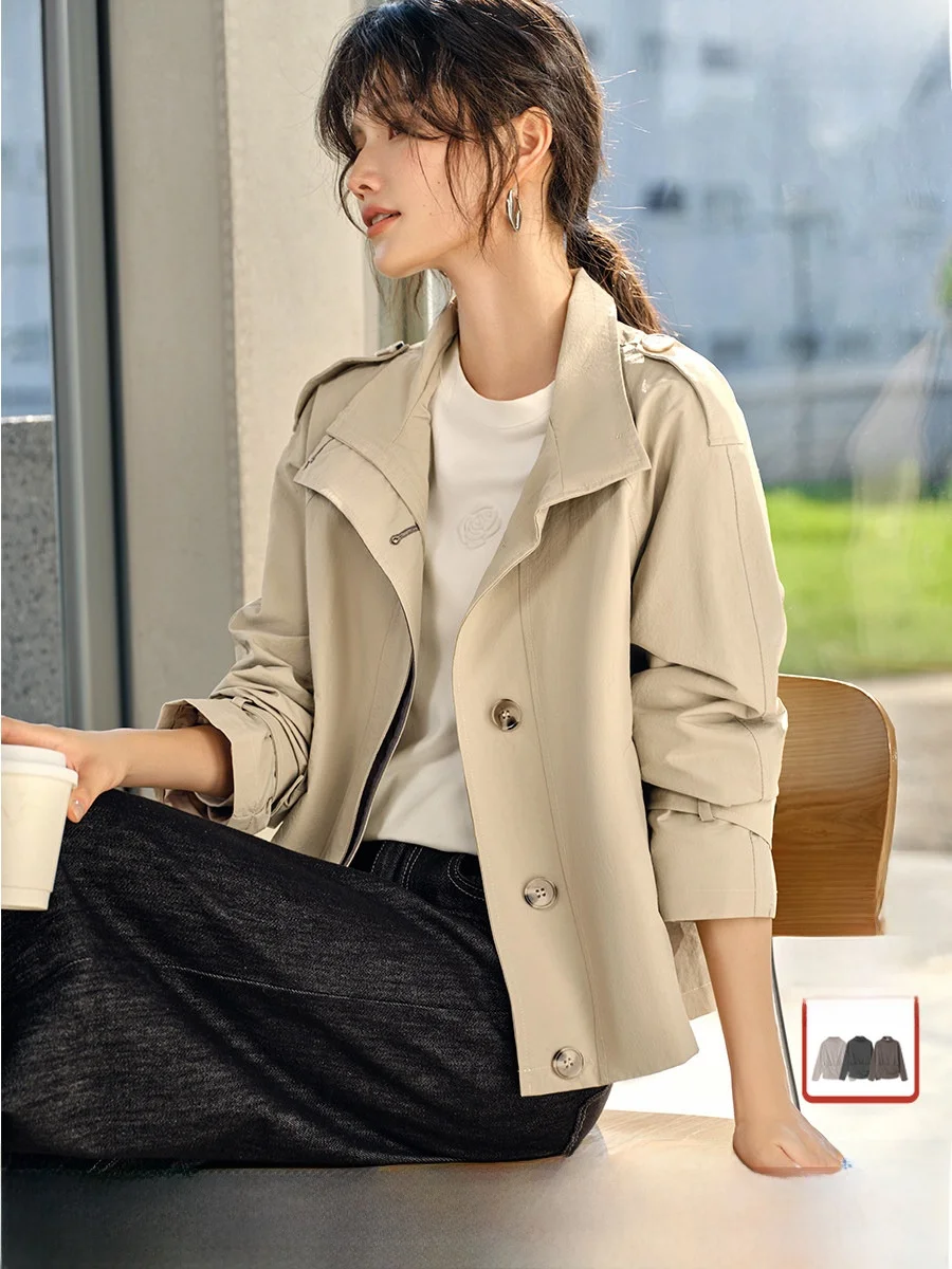 

XWI Vintage Barn Sle Loose Stand Collar ort Coat Women's Autumn New Casual Versatile Top Nylon Fiber Straight Tube ape