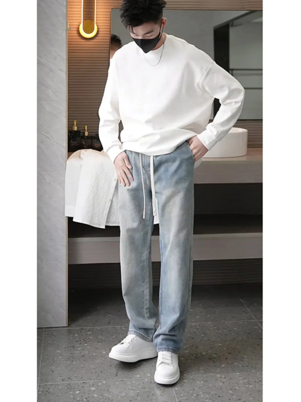 

Light Blue Dstring Wide Leg Men's Jeans American Retro Sle Straight Loose Casual Trousers Autumn Trendy Brand Jeans