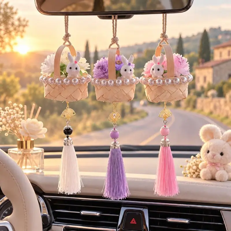 Cute Bunny Woven Basket Car Hanging Ornament Rabbit Flower Tassel Auto Rearview Mirror Decor Gift for Girls Women