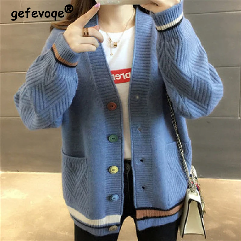 Women\'s Korean Casual Streetwear Y2K Pockets Button Knitted Cardigan Autumn Winter Trendy Chic V Neck Long Sleeve Sweater Coats