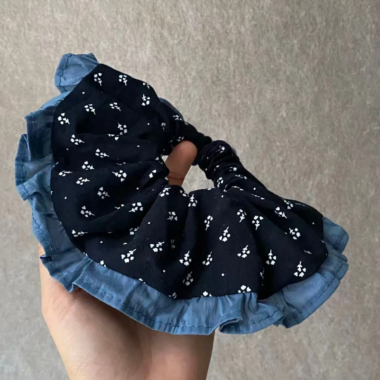 1PCDenim резинка для волос с рюшами-винтажный аксессуар для волос с цветочным принтом и синими джинсовыми рюшами, резинка для волос из мягкой ткани для женщин, повседневная одежда