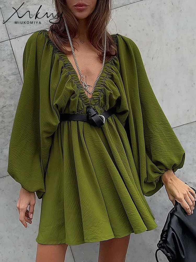 Summer Long Sleeve Mini Dresses For Woman Big V Neck Sexy Puff Sleeve Dress Short Loose White Women\'s Dresses Summer 2023 Green