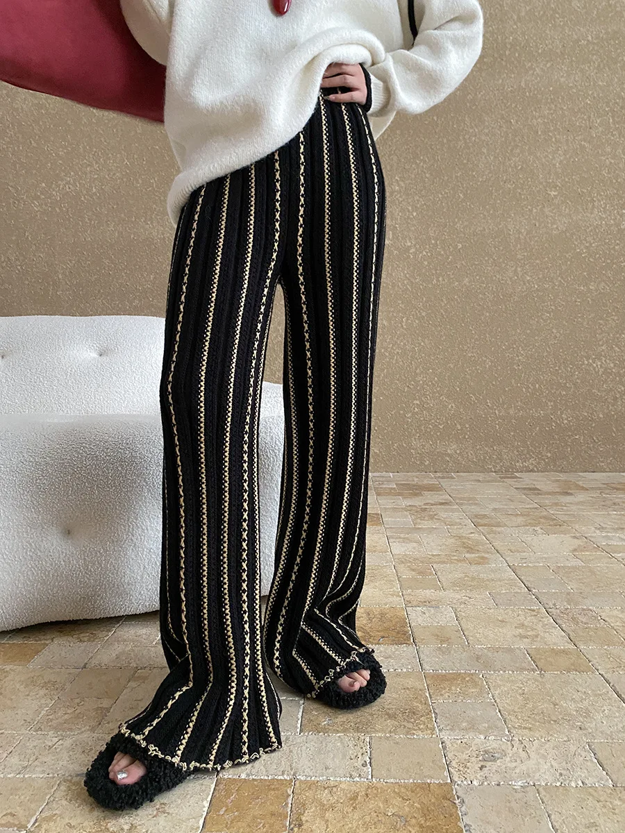 Spring and Autumn Women's Casual Striped High Waist Loose Wide Leg Pants