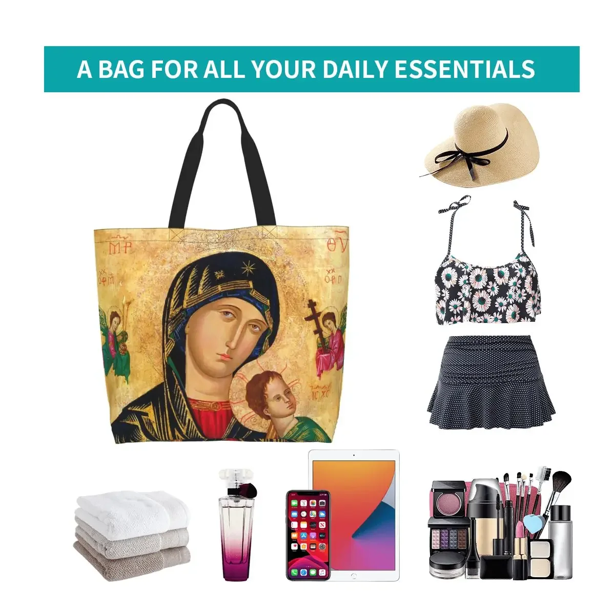 Our Lady Of Perpetual Help Groceries Tote Shopping Bag Catholic Virgin Mary Canvas Shopper Shoulder Bag Large Capacity Handbags