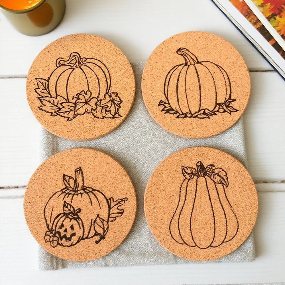 

4Pcs Pumpkin Cork Coaster Halloween Party Home Table Decor Supplies Wood Coasters for Cup Plant Housewarming Fall Holiday Gift