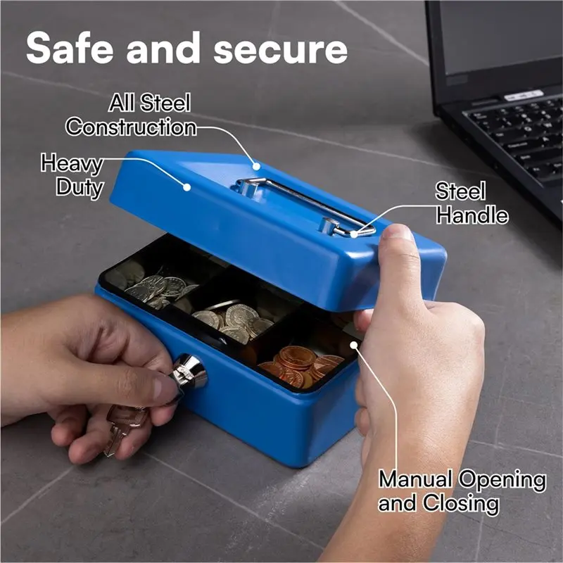 A68P-Money Box With Key -Money Tin With Lock - Small Lockable Cash Box With Coin Tray For Petty Cash Coins Notes
