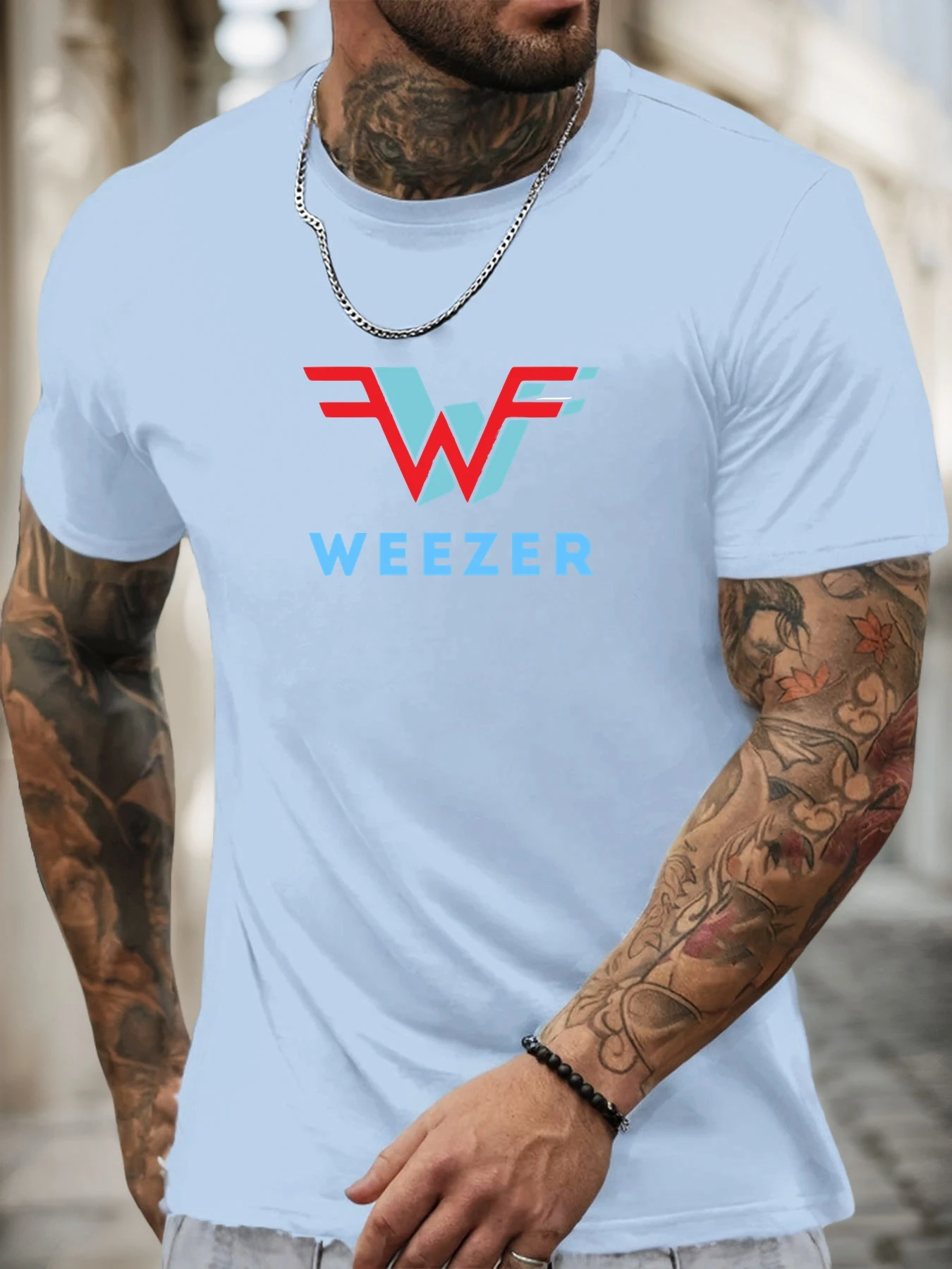 Schwarzes Kurzarm-T-Shirt für Herren, 100 % Baumwolle, Weezer, Grafikdruck, Rundhalsausschnitt, Sommer, atmungsaktiv, lässig, modisch, cooles T-Shirt