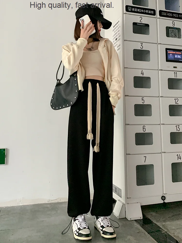 

Sports Pants Drawstring Female Autumn and Winter Loose Tappered Walking Small Straight Wide Leg Slimming and Velvet Padded