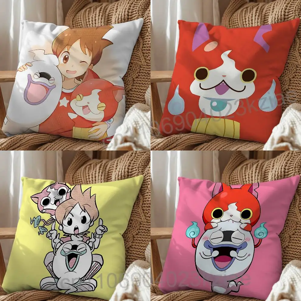 cute Jibanyan Yo-kai Watch Pillow Case Square Double-Sided Printing Short Plush Sofa Cushion Cover Bedroom Bedside Pillow