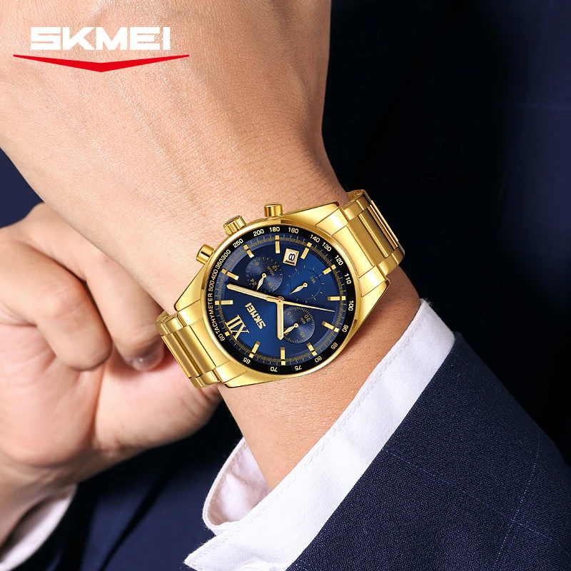 SKMEI Trendy Simple Men's Business Watch with Steel Band, Quartz Movement, Waterproof Casual Adult Watch