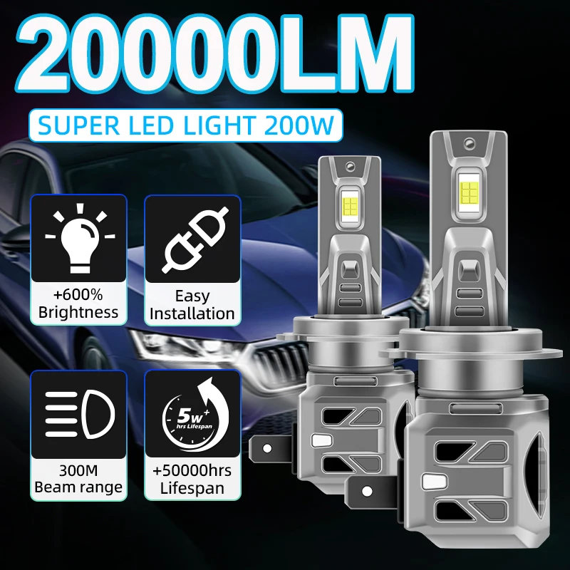 

2 шт. Яркие светодиодные автомобильные фары H7 Ультра яркие фары 20000LM Высокий люмен 6500K Белый Обновление 3570 CSP Чипы Автоматические лампочки