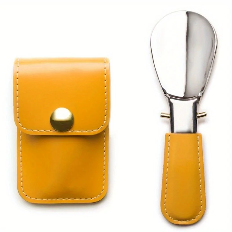 1 stainless steel shoehorn with leather bag, mini portable folding shoehorn, shoehorn for men and women.