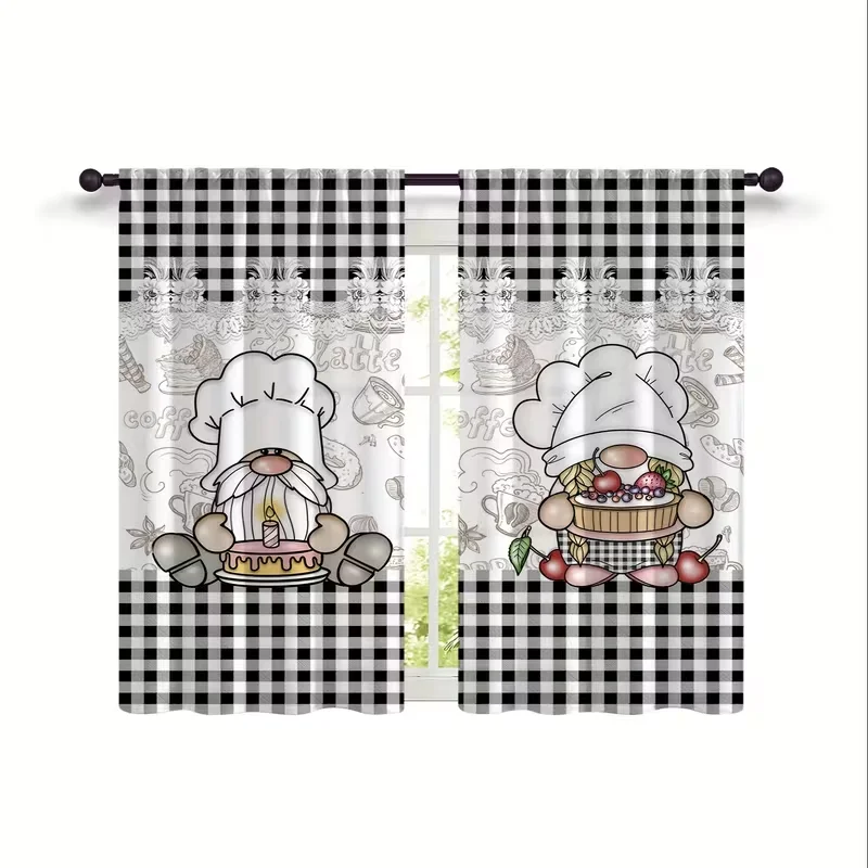 2PC Chef Gnome Curtains - Black & White Buffalo Plaid Print Window Drapes for Kitchen Cafe Decor