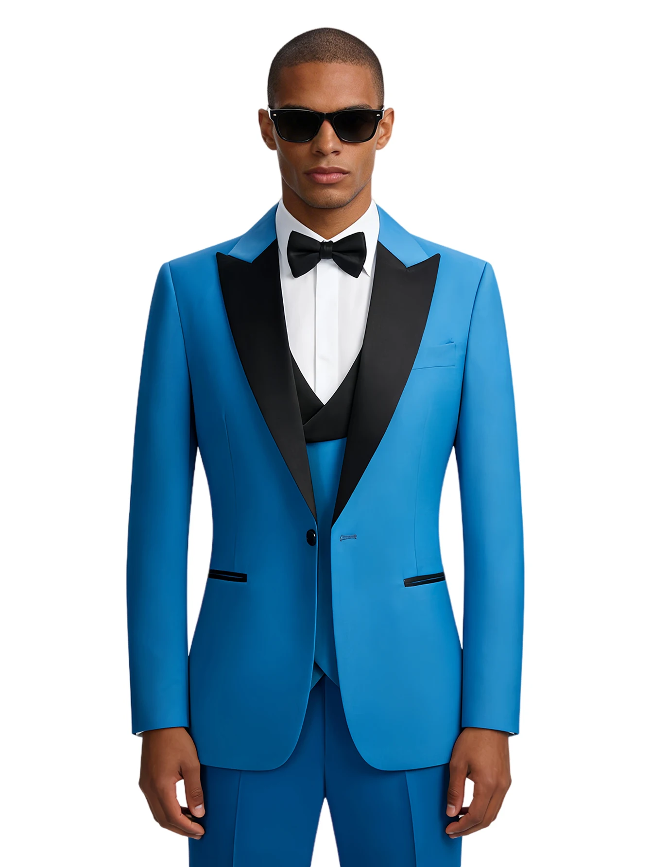 Stylish Men's 3-Piece Suit Blue Peak Lapel Jacket Vest Pants Slim Fit Set Custom-Made Tuxedo for Wedding Date Banquet Party Wear