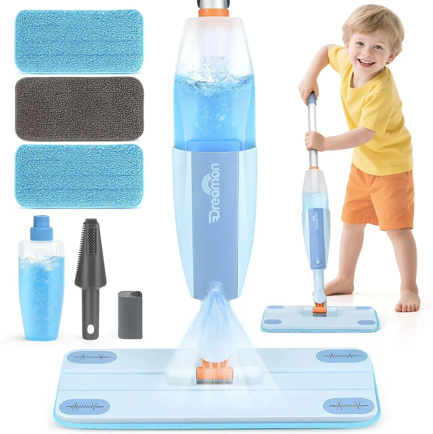 

Kids Spray Mop Toy Set with Water Sprayer, 3 Washable Pads & Scraper - Pretend Play Housekeeping Gift for Toddlers Boys Girls