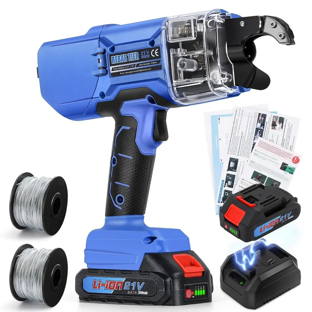 Automatic Rebar Tie Gun Cordless 21V Tying Machine 0.3-1.33 Inch Adjustable Tightness 38-42 Knots per Min 2pcs 2000mAh Batteries