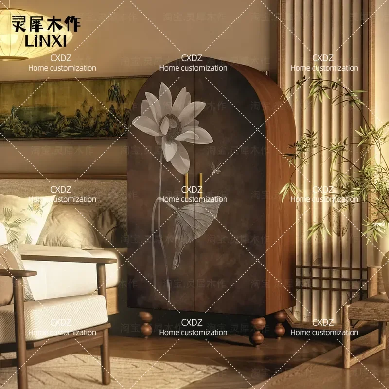Wabi Sabi Retro Lotus Zen Solid Wood Wardrobe Decorative Locker Cloakroom Storage Cabinet Custom Integrated Side Cabinet