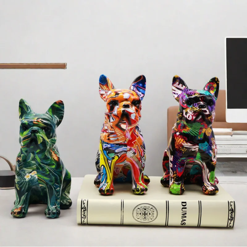 Colorful Painting French Bulldog Statue Graffiti Resin Pet Dog Figurine Decoration Nordic Home Office Desktop Animal Ornaments