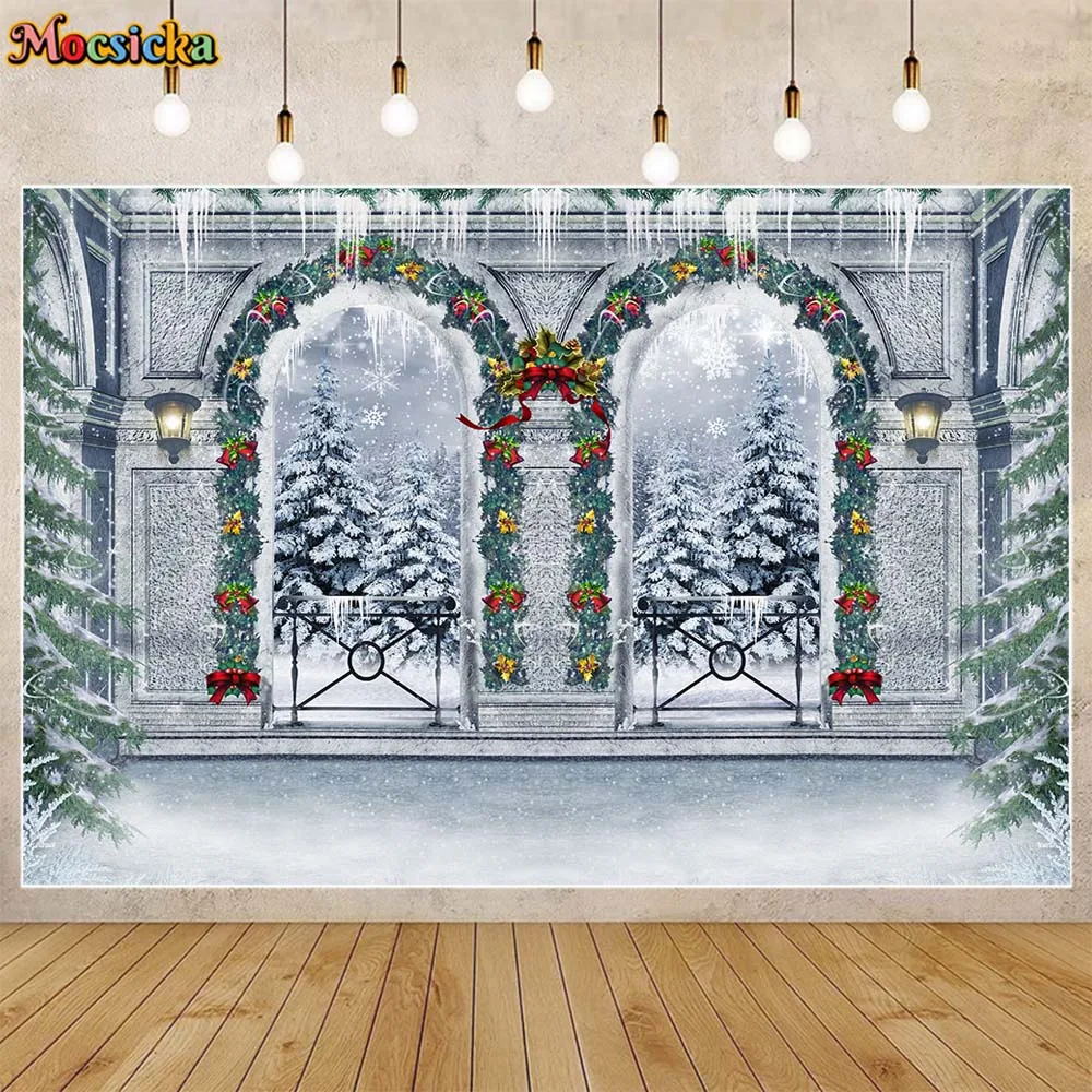 

Mocsicka Winter Christmas Backdrop for Photography Frozen Arch Door Xmas Wreath Snow Scene Kids Portrait Background Photo Studio