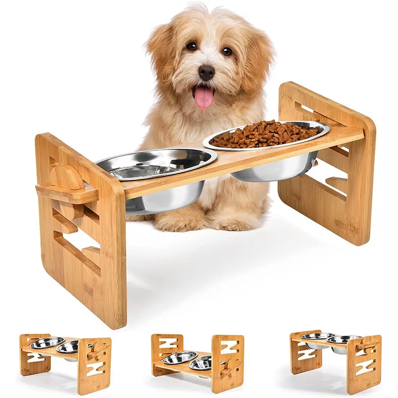 Bamboo Elevated Dog Bowls With Stand Adjustable Raised Puppy Cat Food Water Bowls Holder Rabbit Feeder For Small Medium Pet Dogs