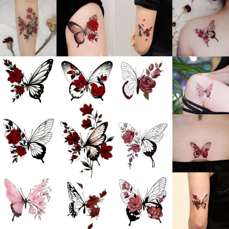 9 Sheets Butterfly Rose Waterproof Temporary Tattoo Stickers Arm Ankle Female Fake Tattoo Collarbone Flower Art Tattoo