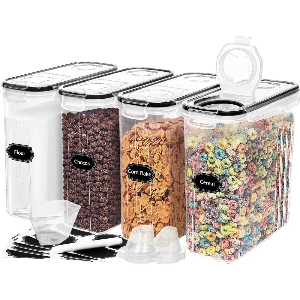

4-Pack Airtight Cereal Storage Containers – 4L (135.2 oz) Each, with Pour Spout, Measuring Cup & 20 Labels