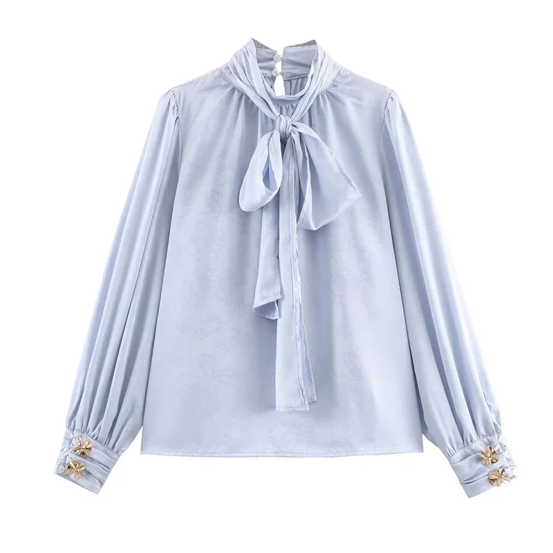 

Women's Shirt 2025 Winter New Light Blue Long-Sleeve Jacquard Satin Shirt with Bow Decoration Casual Fashion Versatile Style