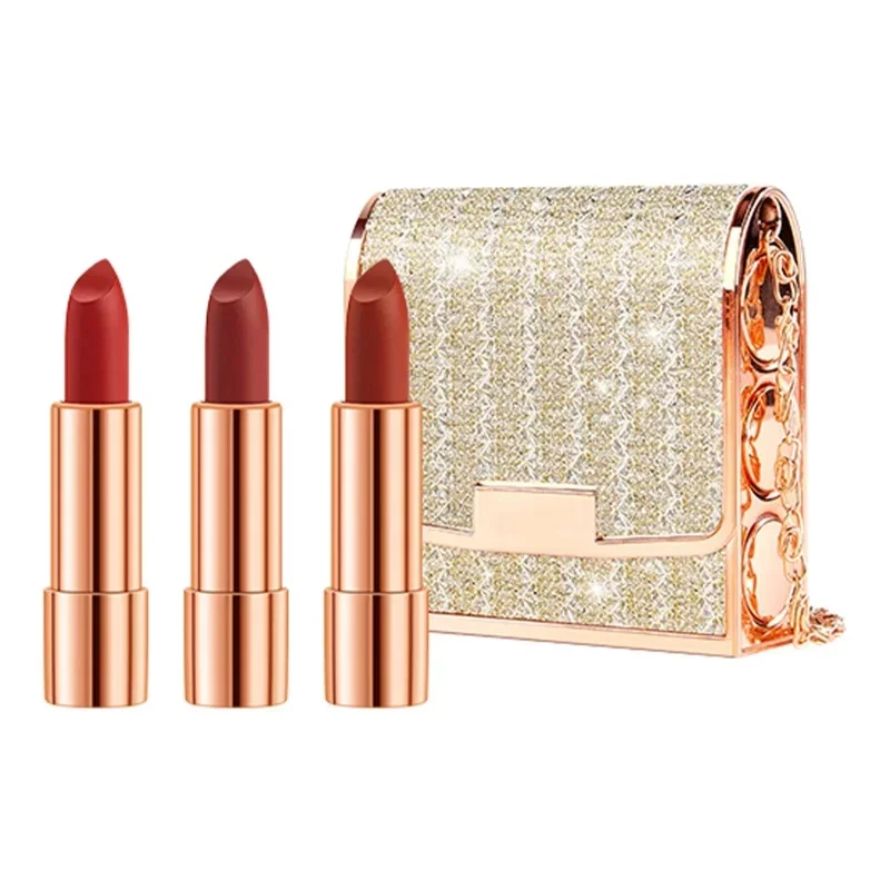 Juego de lápiz labial mate, 3 colores con cadena plateada, bolsa brillante, resistente al agua, antiadherente, maquillaje de labios rojo de larga duración, 3,5g x 3 uds.