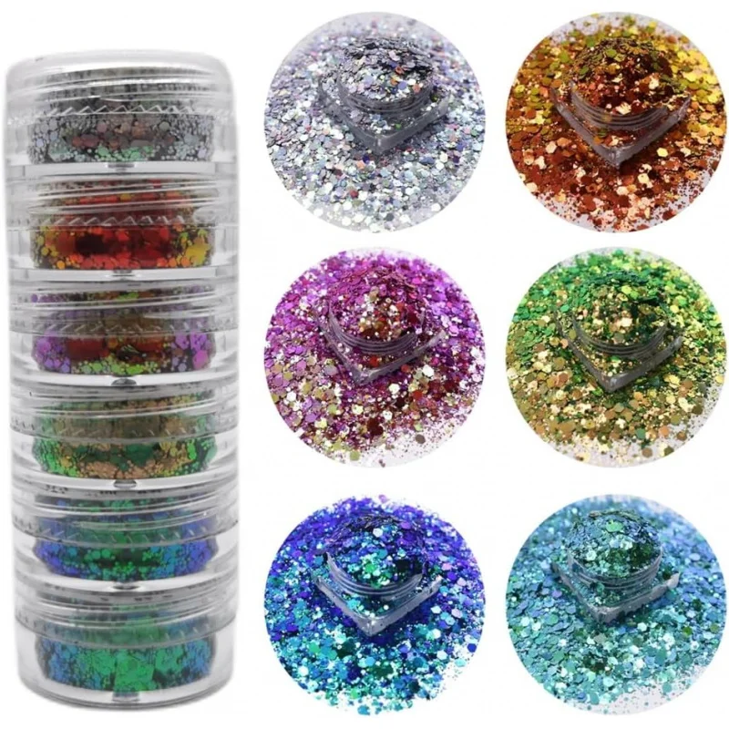 6 Pack Sparkling Sequins Mix Art 3D Mixed Shaped Sequins Gel Polish Sparkling Powder Charm Glitter Flakes