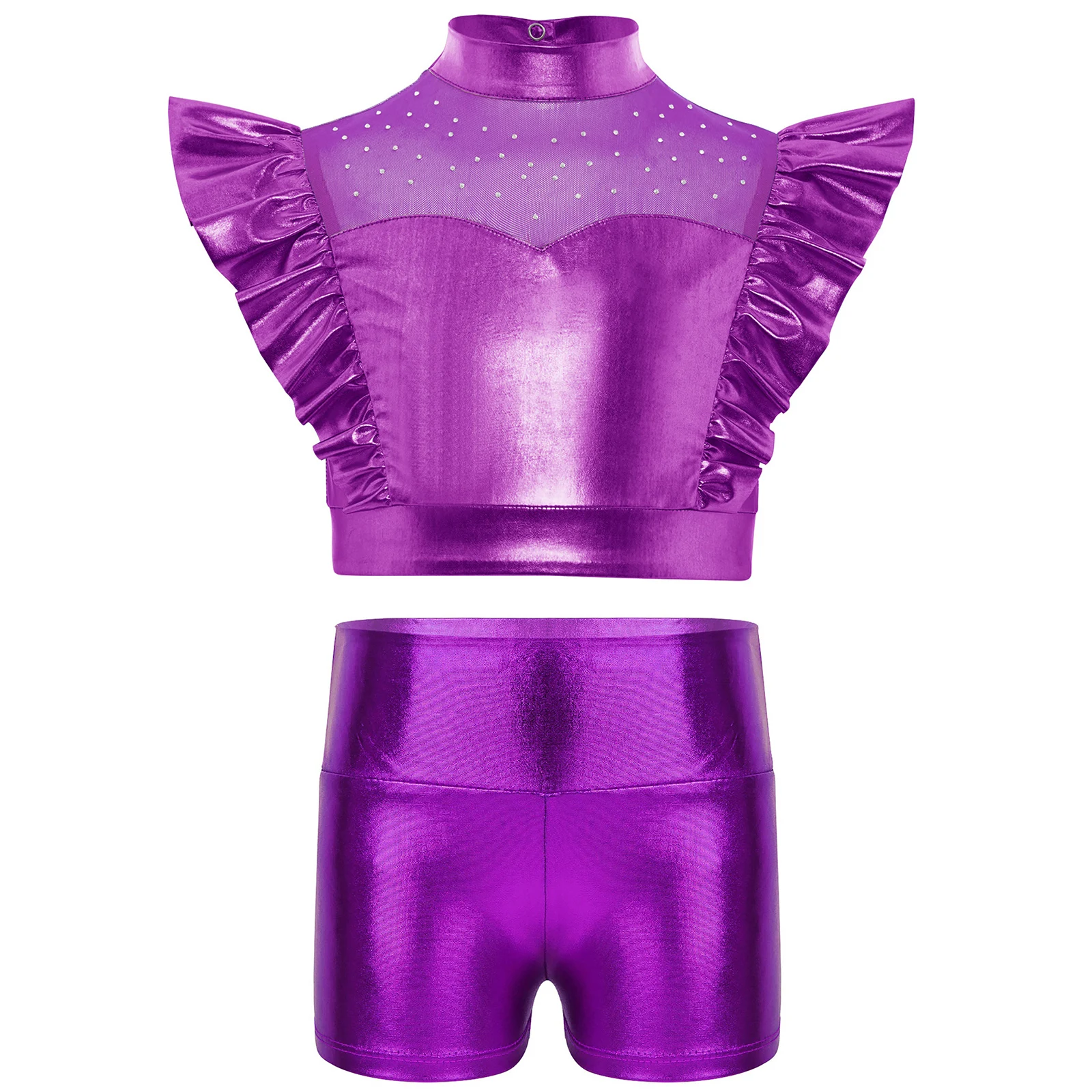 

Kids Girls Jazz Dance Outfit Metallic Rhinestone Mock Neck Mesh Patchwork Sleeveless Crop Top with Shorts Set Street Dancewear