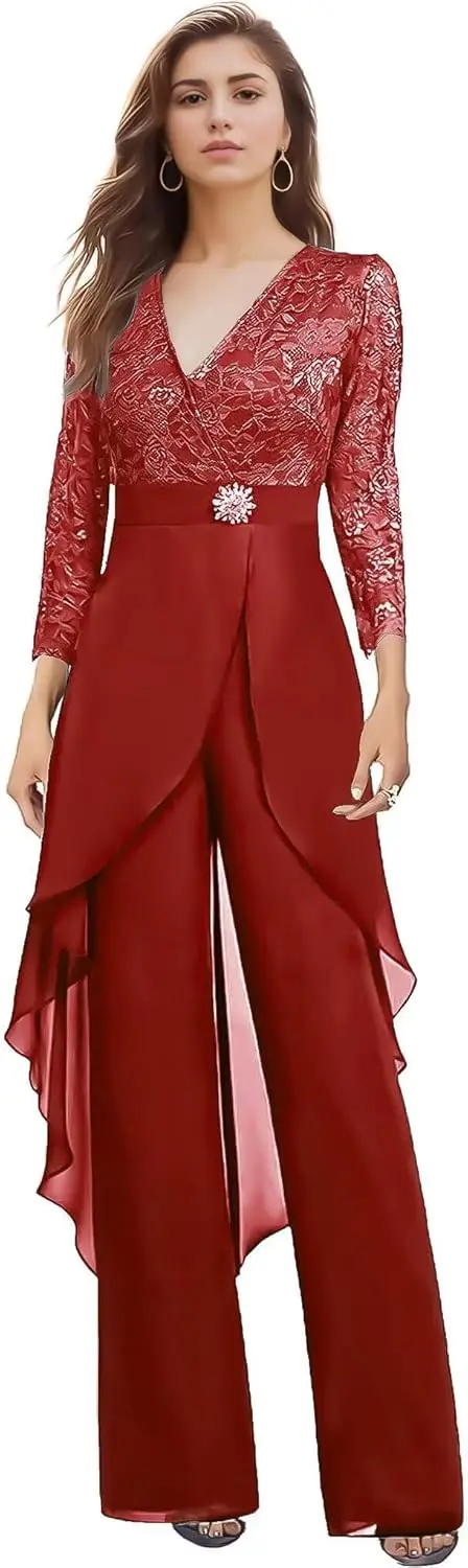 

2 Pieces Mother of The Bride Pant Suits for Wedding Long Sleeve V Neck Chiffon Lace Pant Suits for Women 2026