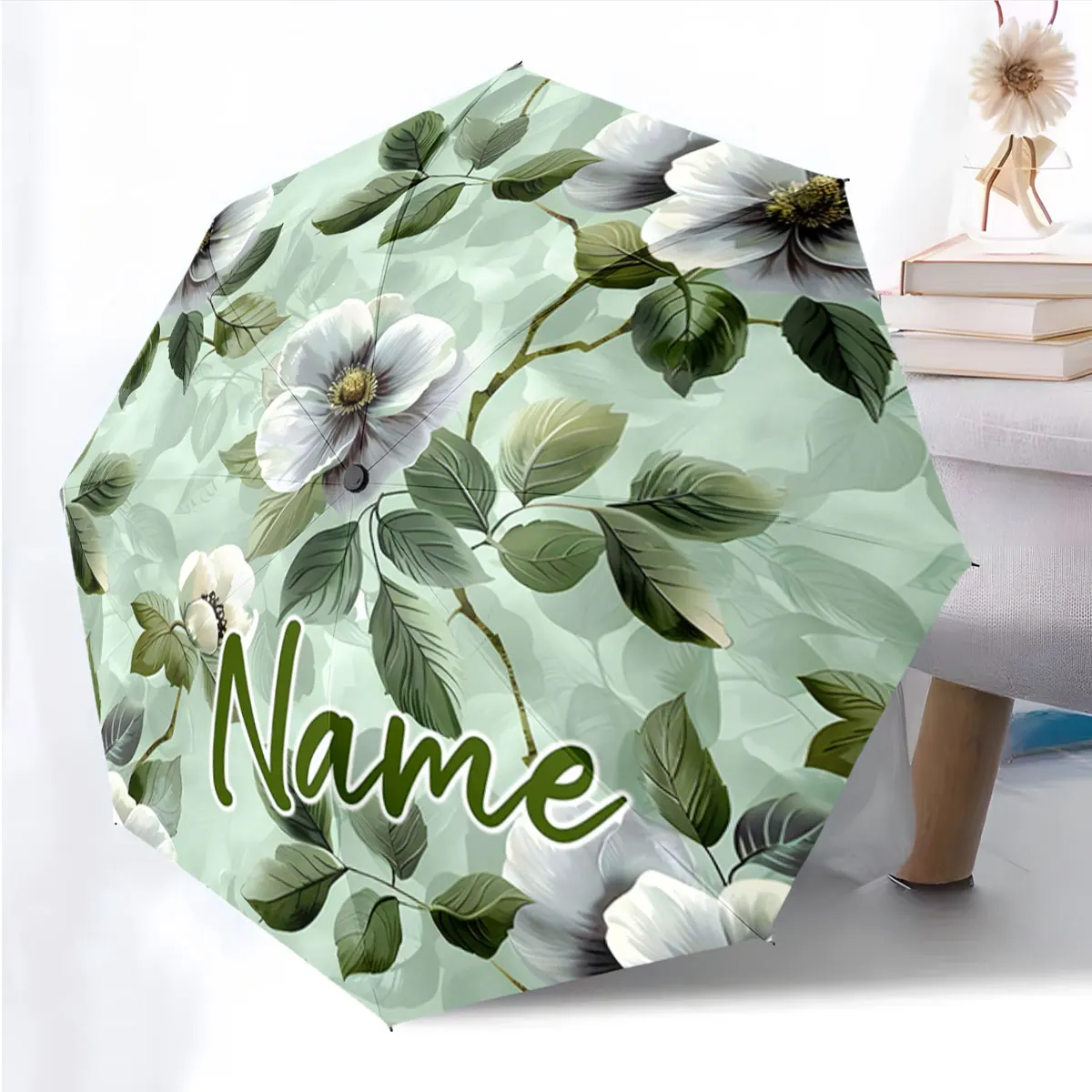 Custom Name Floral Design Umbrella with Custom Name Print Print 8 Iron Ribs Folding Umbrella, Auto-Open Fashion Sunshade