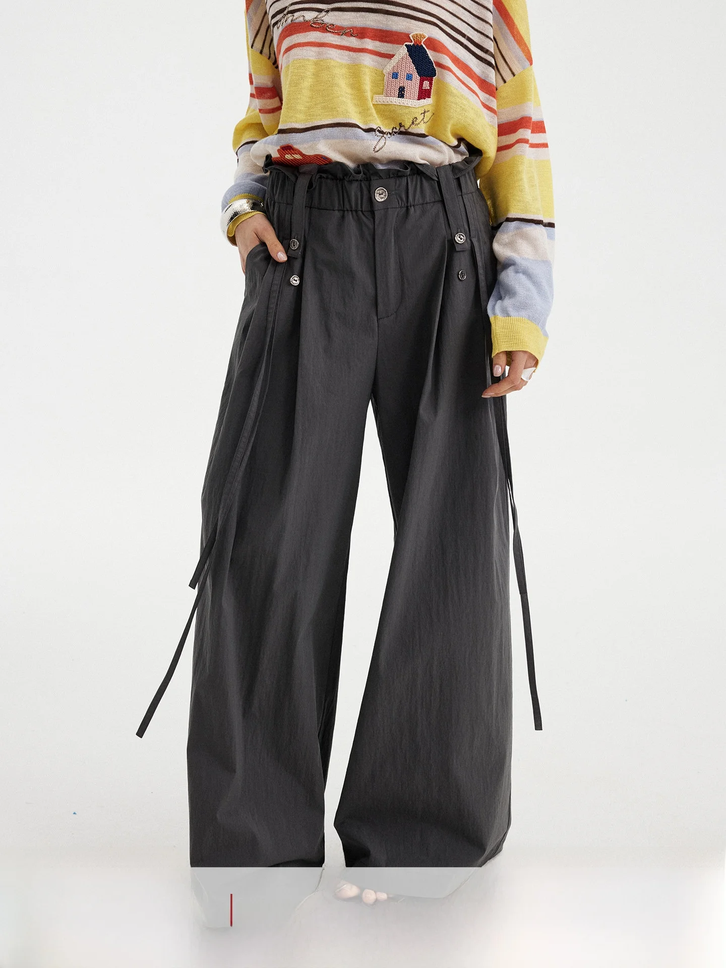 DIDDI MODA Summer Loose Wide Leg Pants High Waist Flounce White Casual Trousers for Women Elegant Draped Long Trousers