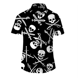 Camisa con solapa de calavera para hombre, estampado 3d de terror, informal, hawaiana, Retro, botón de calle, manga corta