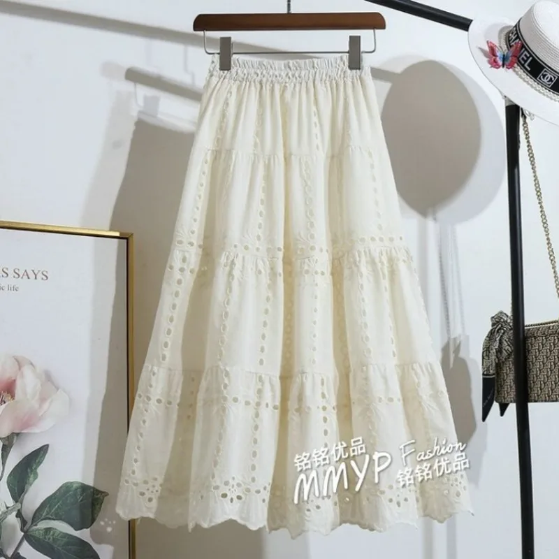 New Fashion Lace Embroidery Hollow Out Skirt Women Elegant Elastic Waist Big Swing A-line Party Midi Skirts Casual Jupe