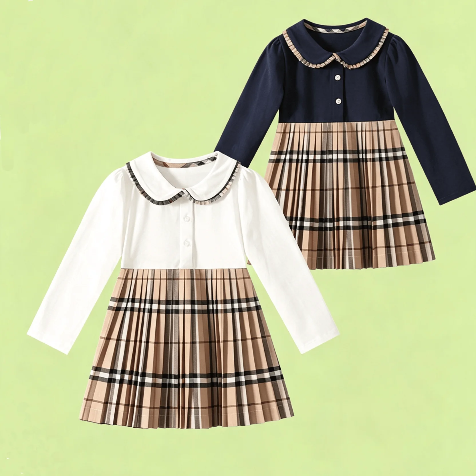Girls Long Sleeve Dresses Luxury Designer Plaid Pattern Casual Cotton Children Luxury Birthday Dress for Kid Girls Pleated Cloth