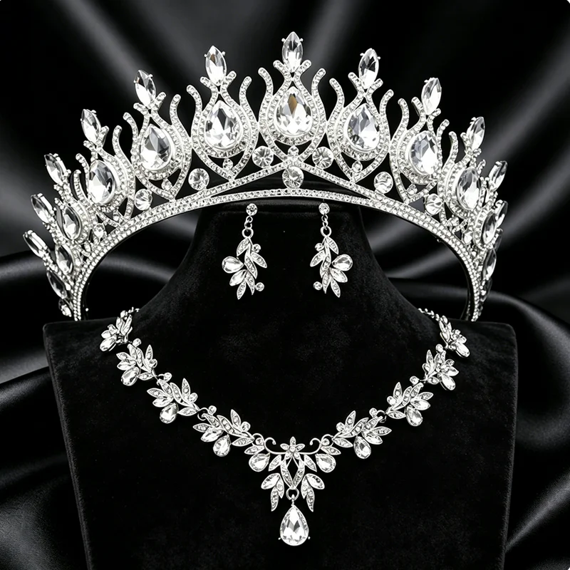 3-teiliges Hochzeitsschmuck-Set Brautkrone Ohrringe Halskette Kristall Wassertropfen Tiara für Hochzeit Abschlussball Party