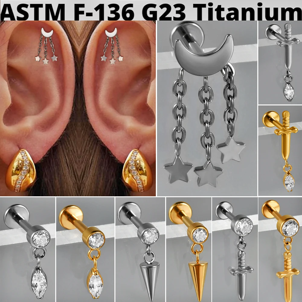 1PC Moon Dangle G23 Solid Titanium Cartilage Earrings Stud 16G Internally Threaded Sword Helix Ear Tragus Body Piercing Jewelry