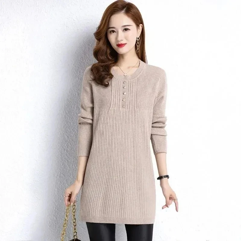 Autumn Winter Women's Sweater Pullover New Solid O-Neck Long Sleeve Mid Long Knitted Sweater Female Jumper Tops Bottoming Shirt