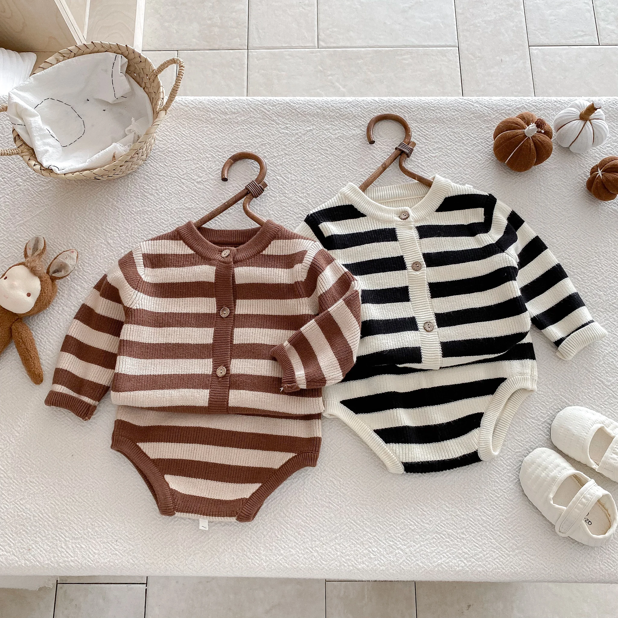 Baby Sweater Set, Autumn Baby Striped Knitted Sweater Set, Two-Piece Set