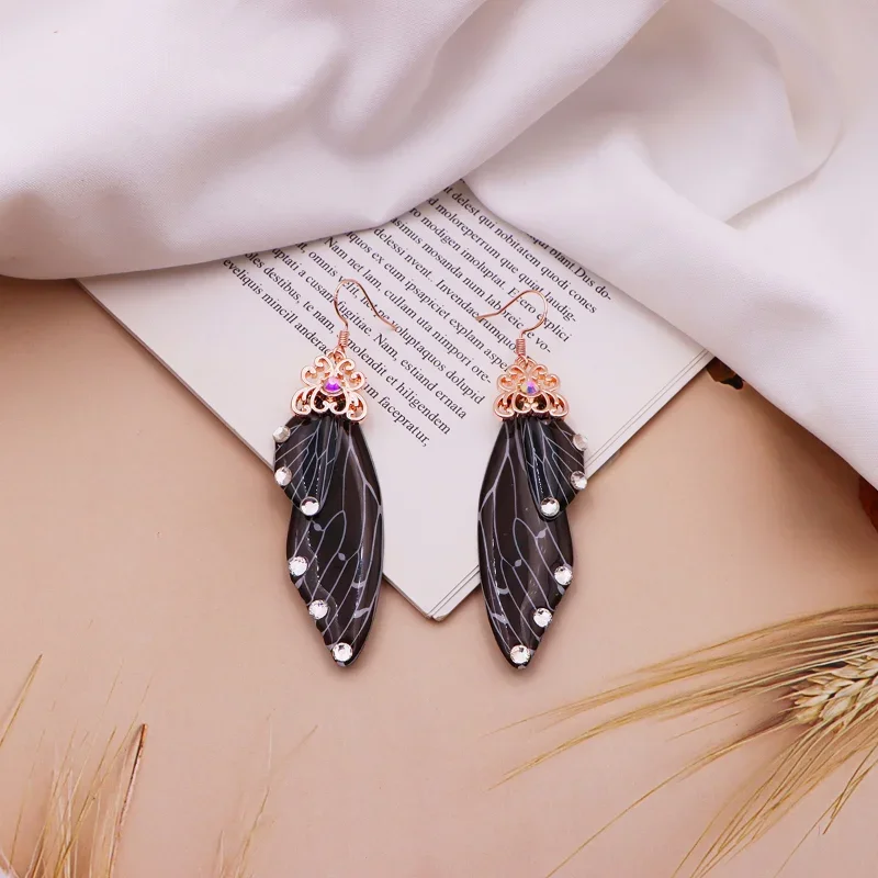 Minar Fantasy Clear Blackw White Stripes Resin Butterfly Drop Earrings for Women Girls Bling Rhinestone Simulation Wings Earring image 4