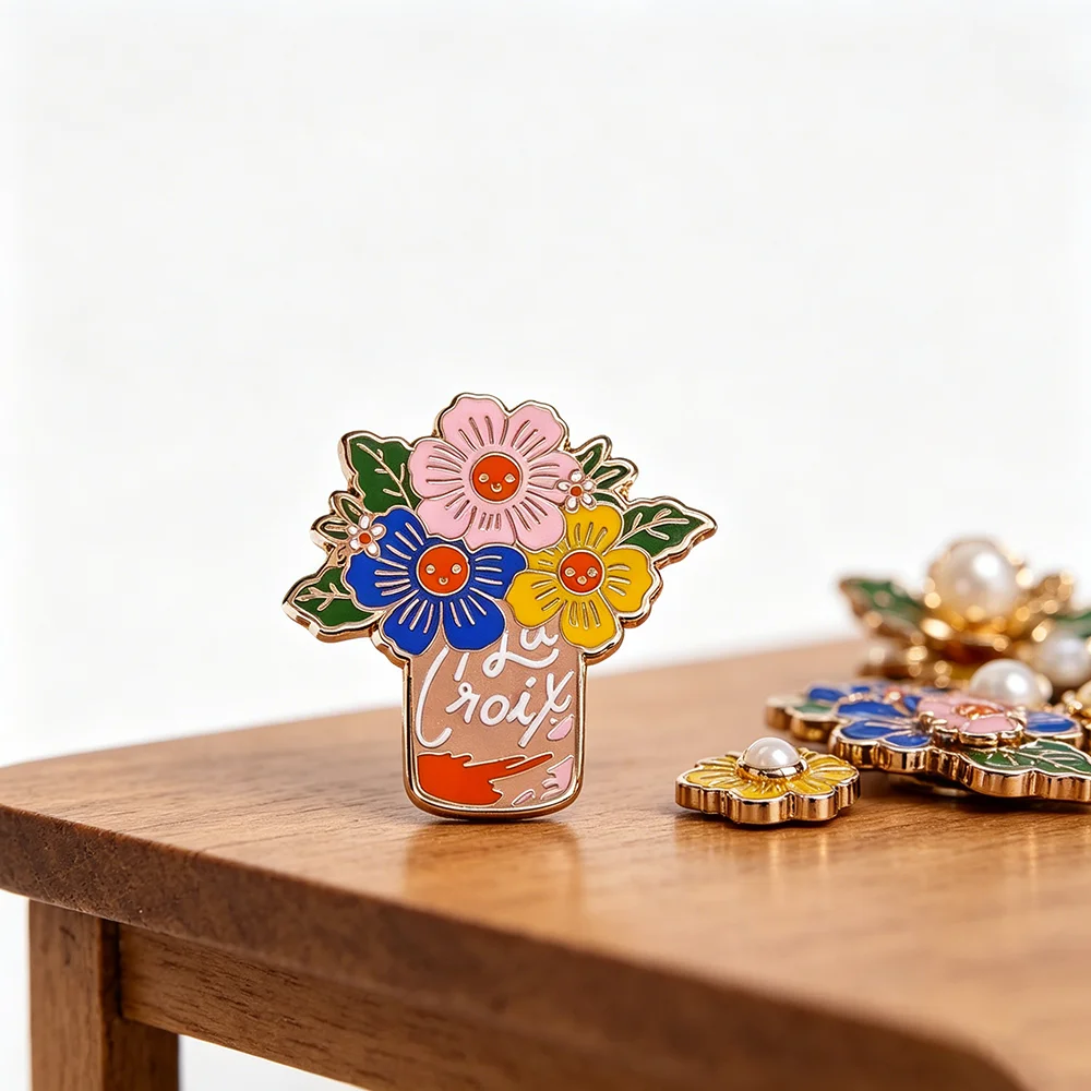 Niedliche Emaille-Brosche mit Blumenstrauß, Bunte Blumenvase-Brosche, Süße Getränkedosen-Rucksack-Anstecknadel, Naturthemen-Modeschmuck-Geschenke